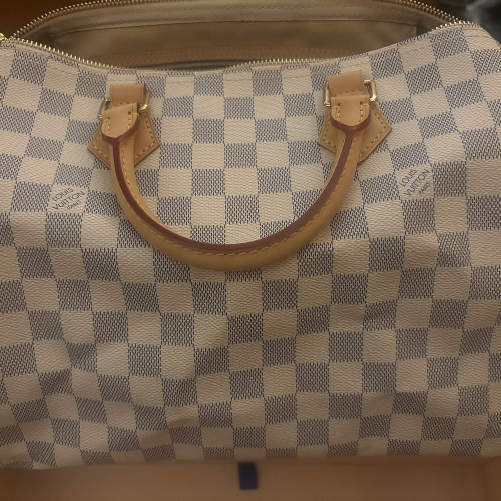 Louis Vuitton Damier Azur Speedy Satchel in Cream and Light Blue